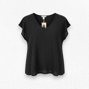 Three Dots Black Double Gauze V Neck Cap Sleeve Cotton Top Size Medium NWT $138
